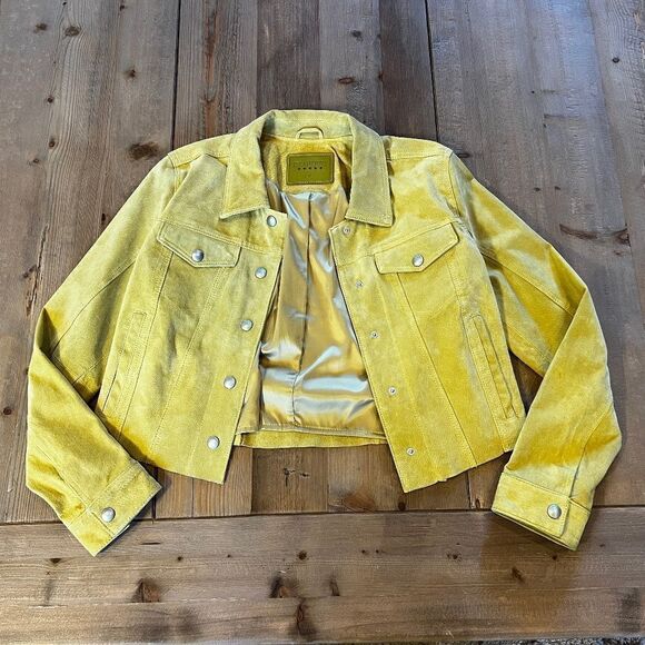 Anthropologie Blank NYC Chartreuse  Leather Cropped Jacket Size Medium - Picture 6 of 15
